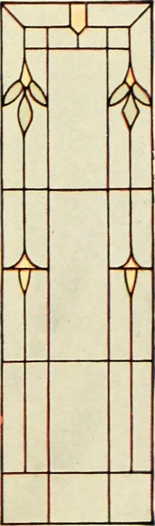An illustration from International art glass catalogue : art and beveled glass in all its branches : church, memorial, society and domestic windows, Art Nouveau, prism, mitre beveled plate, leaded bevel, etc., 1914, leaf 36