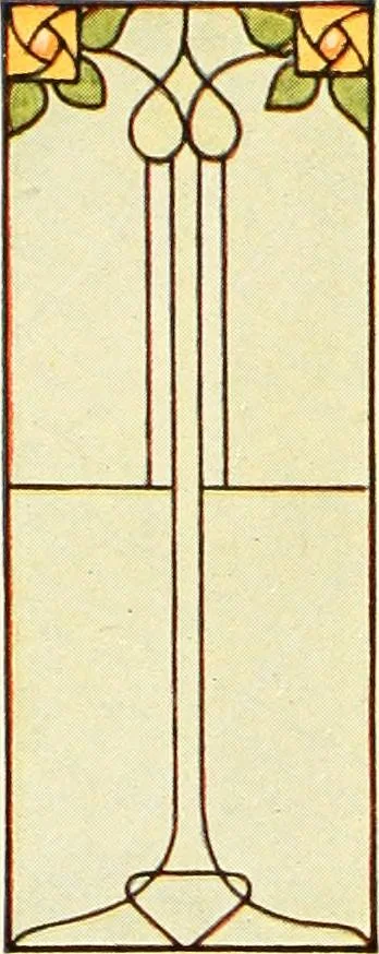 An illustration from International art glass catalogue : art and beveled glass in all its branches : church, memorial, society and domestic windows, Art Nouveau, prism, mitre beveled plate, leaded bevel, etc., 1914, leaf 37