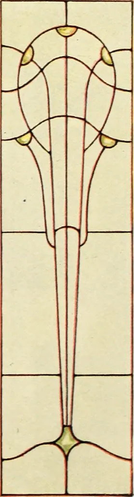 An illustration from International art glass catalogue : art and beveled glass in all its branches : church, memorial, society and domestic windows, Art Nouveau, prism, mitre beveled plate, leaded bevel, etc., 1914, leaf 38