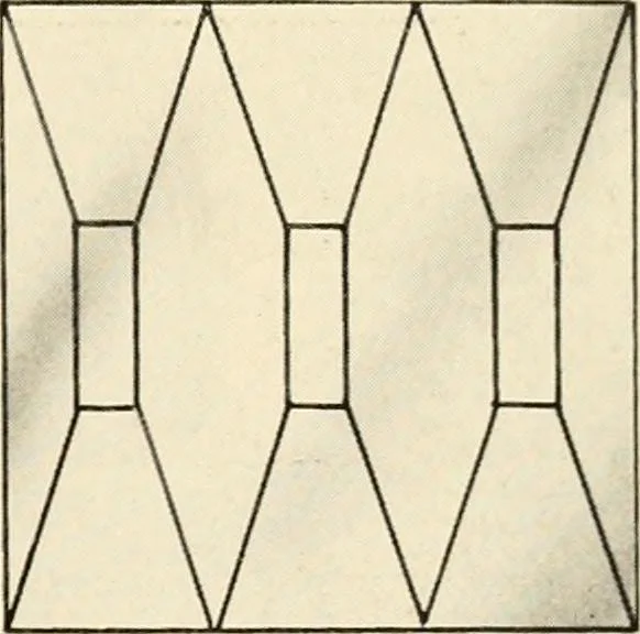 An illustration from International art glass catalogue : art and beveled glass in all its branches : church, memorial, society and domestic windows, Art Nouveau, prism, mitre beveled plate, leaded bevel, etc., 1914, leaf 4