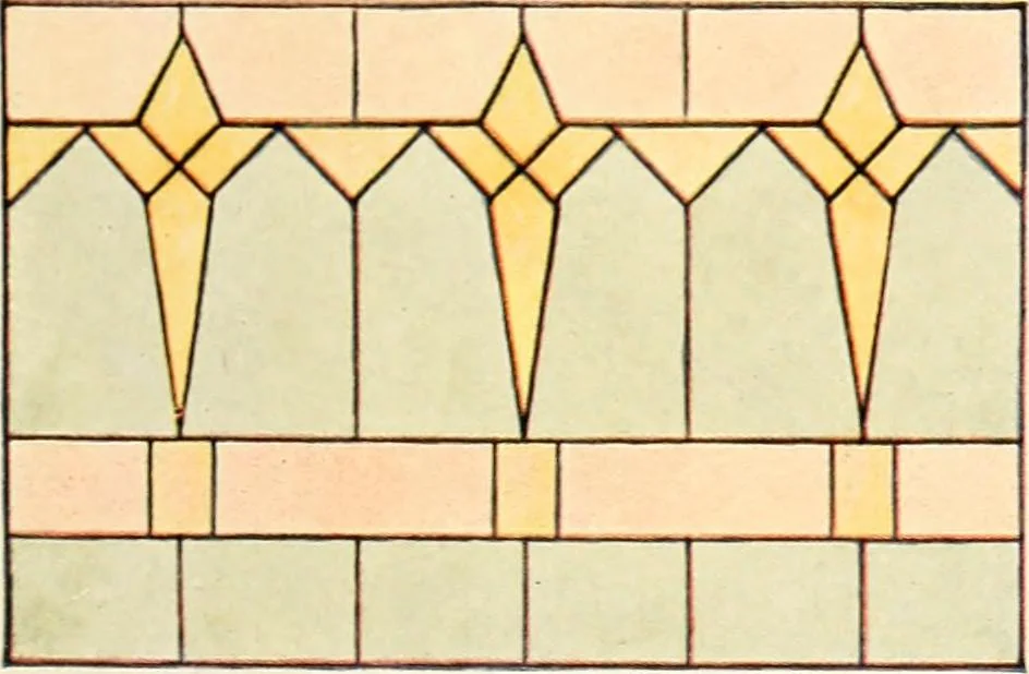 An illustration from International art glass catalogue : art and beveled glass in all its branches : church, memorial, society and domestic windows, Art Nouveau, prism, mitre beveled plate, leaded bevel, etc., 1914, leaf 40
