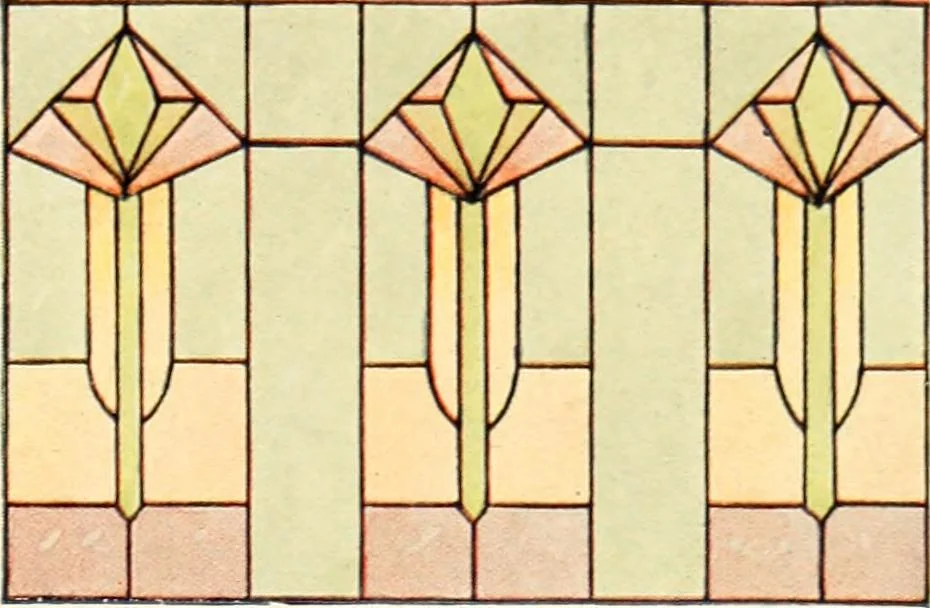 An illustration from International art glass catalogue : art and beveled glass in all its branches : church, memorial, society and domestic windows, Art Nouveau, prism, mitre beveled plate, leaded bevel, etc., 1914, leaf 40