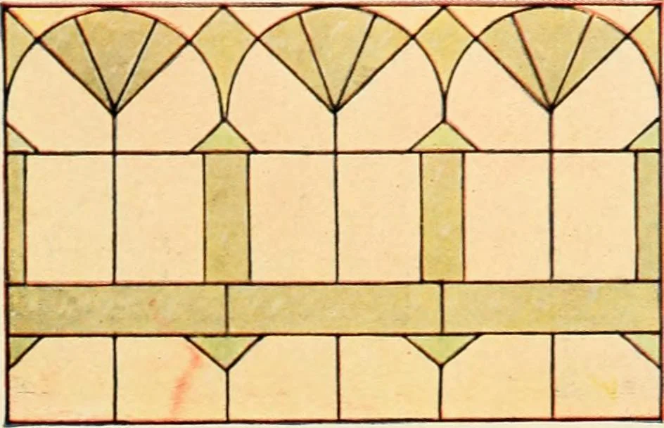 An illustration from International art glass catalogue : art and beveled glass in all its branches : church, memorial, society and domestic windows, Art Nouveau, prism, mitre beveled plate, leaded bevel, etc., 1914, leaf 40