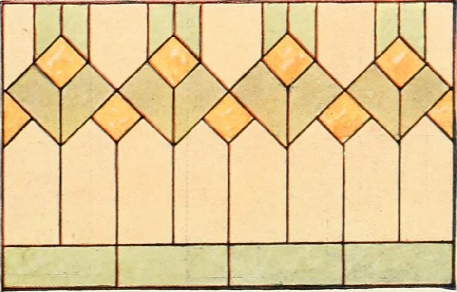 An illustration from International art glass catalogue : art and beveled glass in all its branches : church, memorial, society and domestic windows, Art Nouveau, prism, mitre beveled plate, leaded bevel, etc., 1914, leaf 40