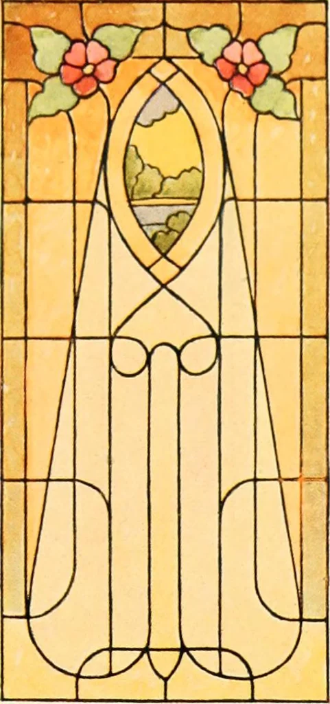 An illustration from International art glass catalogue : art and beveled glass in all its branches : church, memorial, society and domestic windows, Art Nouveau, prism, mitre beveled plate, leaded bevel, etc., 1914, leaf 42