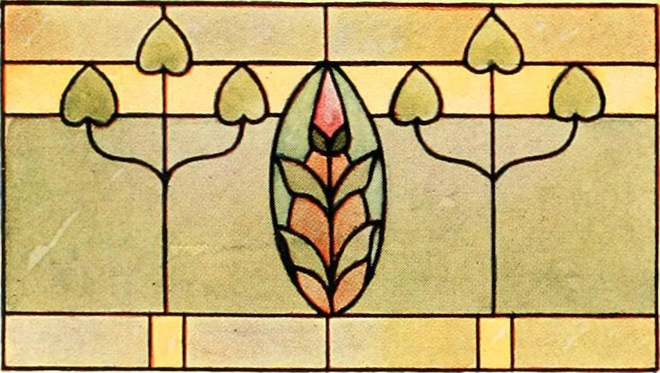 An illustration from International art glass catalogue : art and beveled glass in all its branches : church, memorial, society and domestic windows, Art Nouveau, prism, mitre beveled plate, leaded bevel, etc., 1914, leaf 43