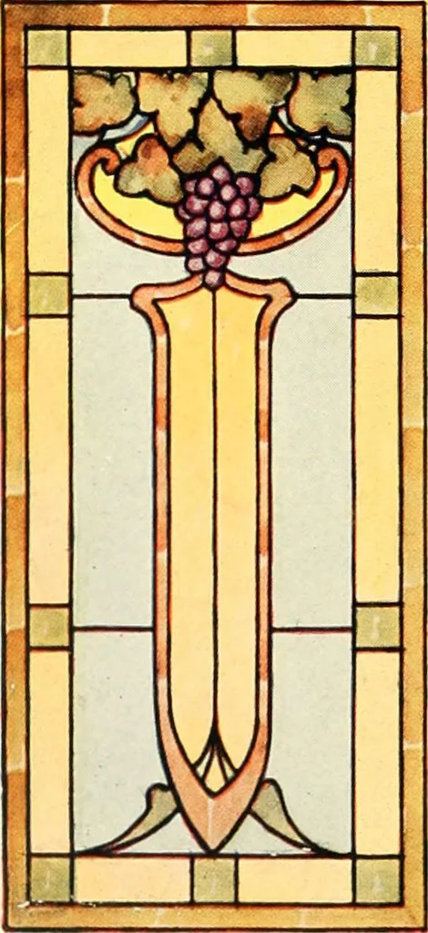 An illustration from International art glass catalogue : art and beveled glass in all its branches : church, memorial, society and domestic windows, Art Nouveau, prism, mitre beveled plate, leaded bevel, etc., 1914, leaf 43
