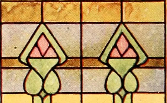An illustration from International art glass catalogue : art and beveled glass in all its branches : church, memorial, society and domestic windows, Art Nouveau, prism, mitre beveled plate, leaded bevel, etc., 1914, leaf 43