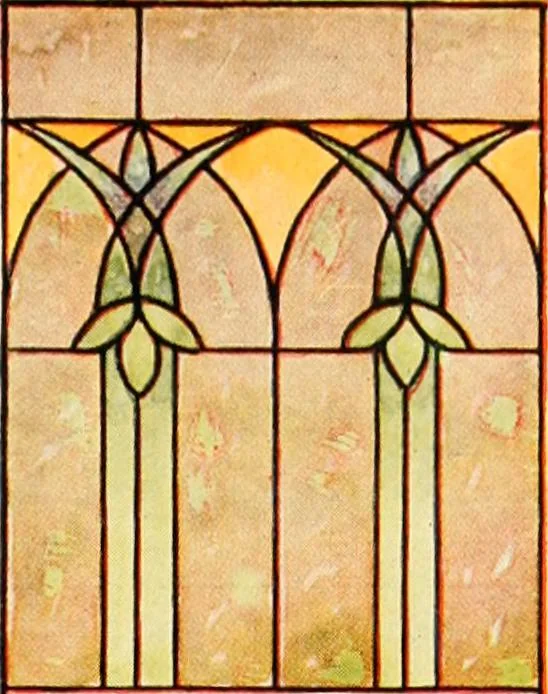 An illustration from International art glass catalogue : art and beveled glass in all its branches : church, memorial, society and domestic windows, Art Nouveau, prism, mitre beveled plate, leaded bevel, etc., 1914, leaf 44
