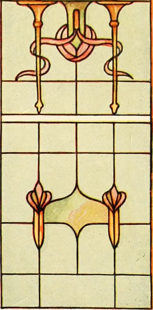 An illustration from International art glass catalogue : art and beveled glass in all its branches : church, memorial, society and domestic windows, Art Nouveau, prism, mitre beveled plate, leaded bevel, etc., 1914, leaf 44
