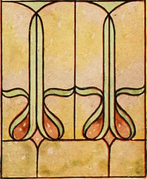 An illustration from International art glass catalogue : art and beveled glass in all its branches : church, memorial, society and domestic windows, Art Nouveau, prism, mitre beveled plate, leaded bevel, etc., 1914, leaf 44