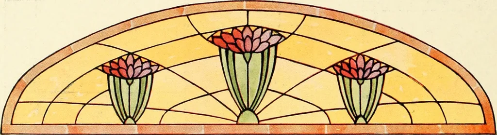 An illustration from International art glass catalogue : art and beveled glass in all its branches : church, memorial, society and domestic windows, Art Nouveau, prism, mitre beveled plate, leaded bevel, etc., 1914, leaf 45