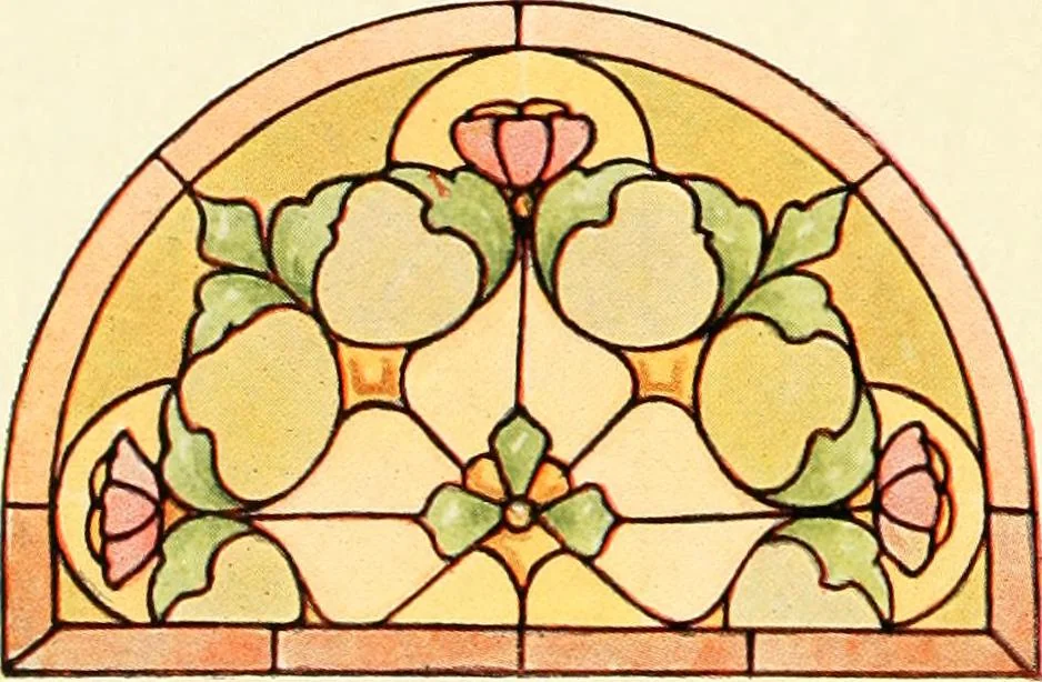 An illustration from International art glass catalogue : art and beveled glass in all its branches : church, memorial, society and domestic windows, Art Nouveau, prism, mitre beveled plate, leaded bevel, etc., 1914, leaf 45