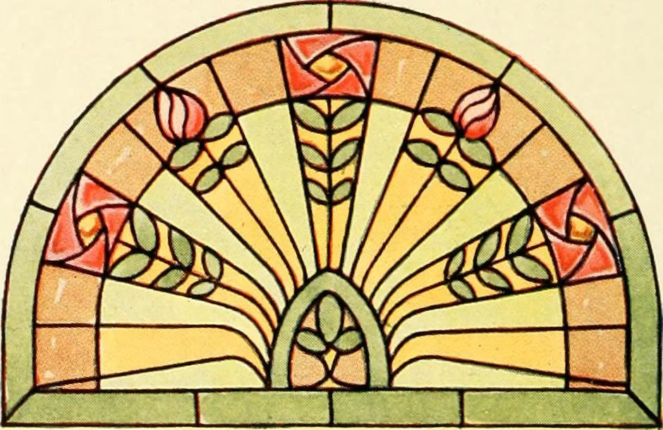 An illustration from International art glass catalogue : art and beveled glass in all its branches : church, memorial, society and domestic windows, Art Nouveau, prism, mitre beveled plate, leaded bevel, etc., 1914, leaf 45