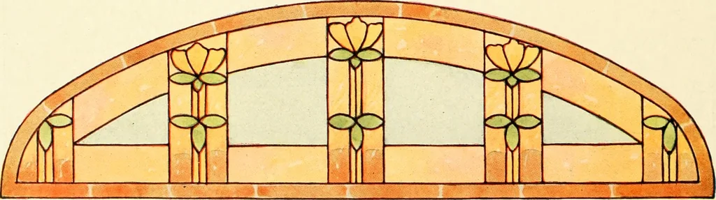 An illustration from International art glass catalogue : art and beveled glass in all its branches : church, memorial, society and domestic windows, Art Nouveau, prism, mitre beveled plate, leaded bevel, etc., 1914, leaf 45