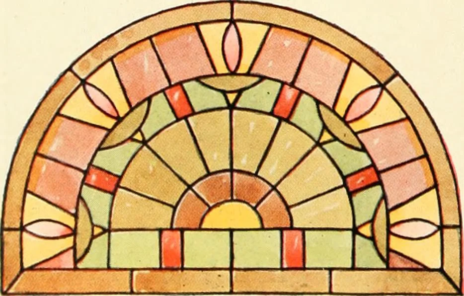 An illustration from International art glass catalogue : art and beveled glass in all its branches : church, memorial, society and domestic windows, Art Nouveau, prism, mitre beveled plate, leaded bevel, etc., 1914, leaf 45