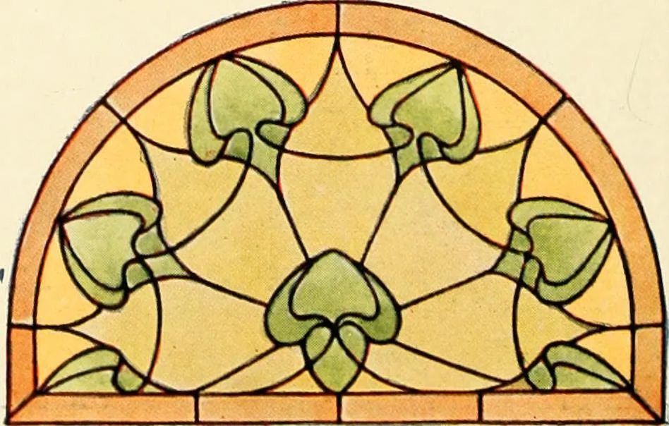 An illustration from International art glass catalogue : art and beveled glass in all its branches : church, memorial, society and domestic windows, Art Nouveau, prism, mitre beveled plate, leaded bevel, etc., 1914, leaf 45