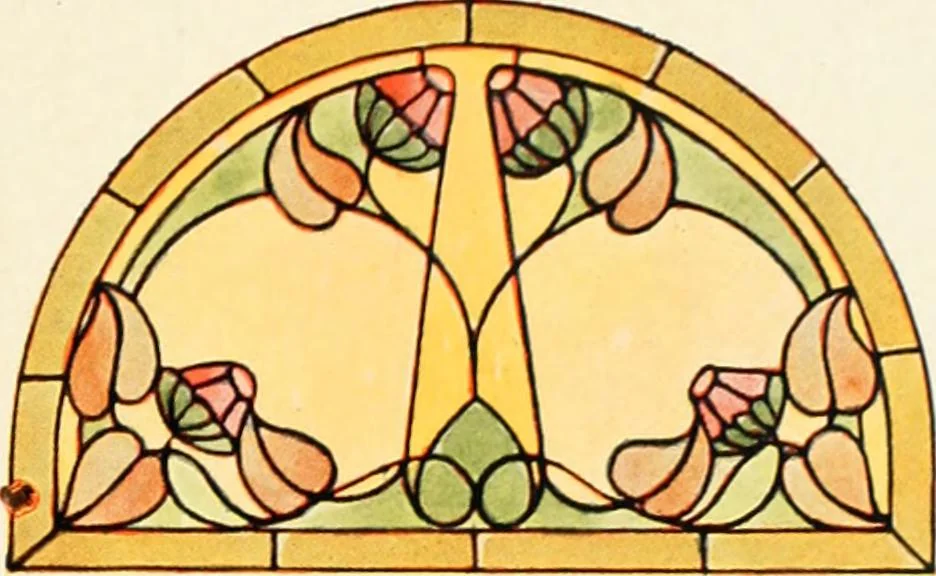 An illustration from International art glass catalogue : art and beveled glass in all its branches : church, memorial, society and domestic windows, Art Nouveau, prism, mitre beveled plate, leaded bevel, etc., 1914, leaf 46
