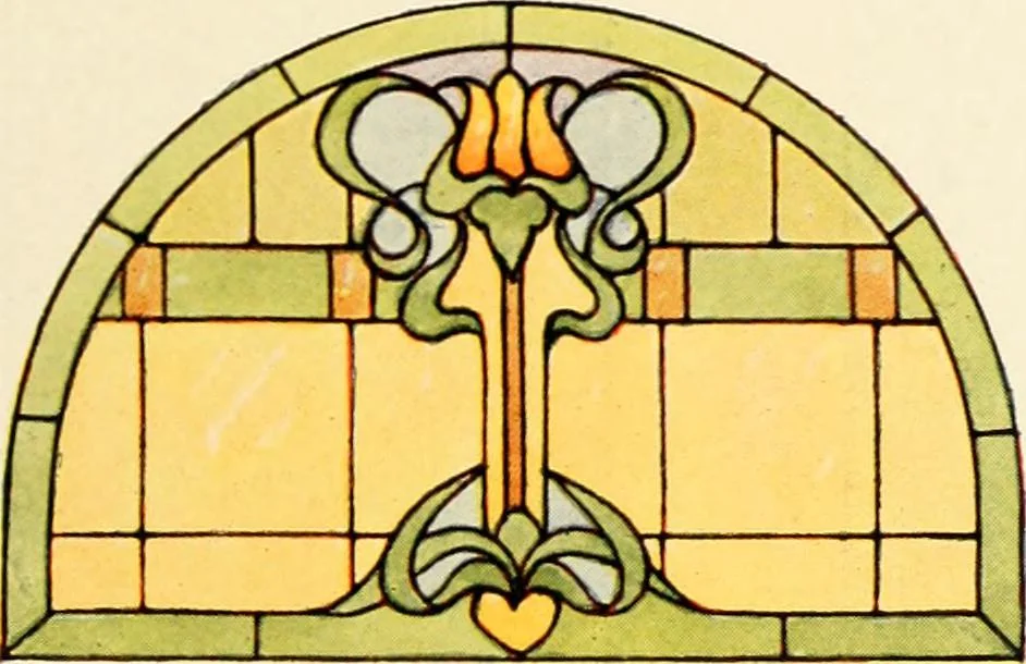 An illustration from International art glass catalogue : art and beveled glass in all its branches : church, memorial, society and domestic windows, Art Nouveau, prism, mitre beveled plate, leaded bevel, etc., 1914, leaf 46