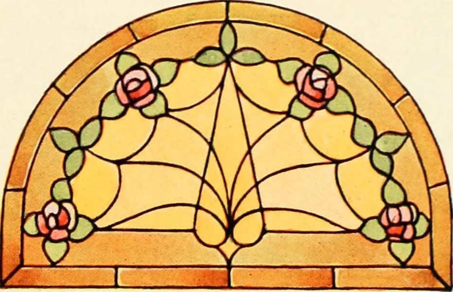 An illustration from International art glass catalogue : art and beveled glass in all its branches : church, memorial, society and domestic windows, Art Nouveau, prism, mitre beveled plate, leaded bevel, etc., 1914, leaf 46
