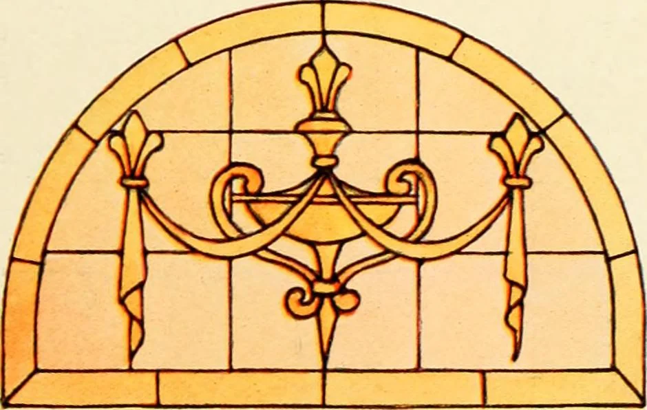An illustration from International art glass catalogue : art and beveled glass in all its branches : church, memorial, society and domestic windows, Art Nouveau, prism, mitre beveled plate, leaded bevel, etc., 1914, leaf 46