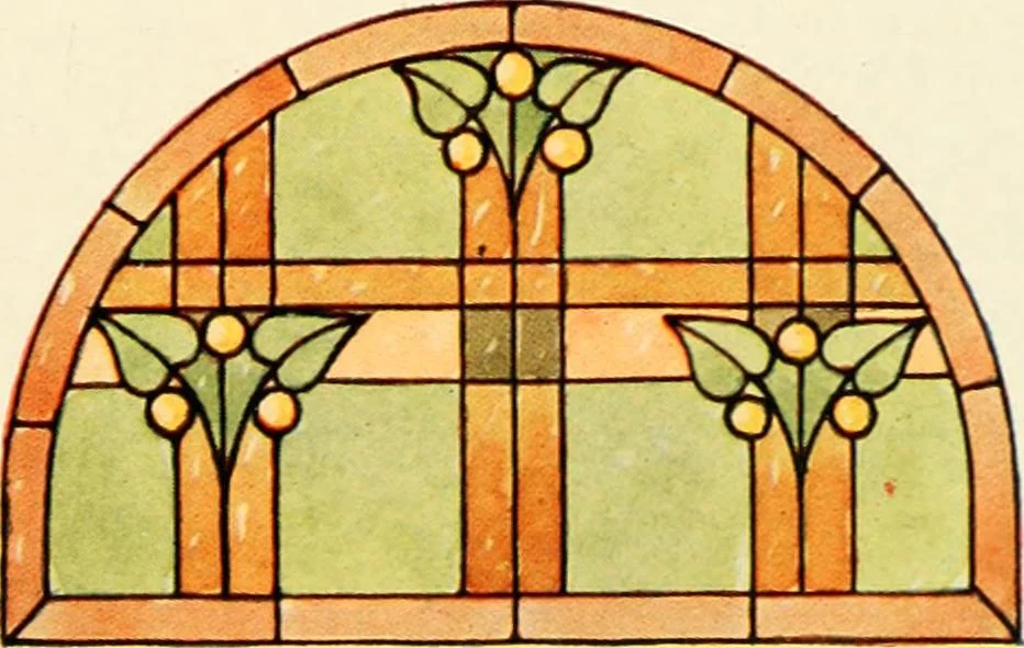 An illustration from International art glass catalogue : art and beveled glass in all its branches : church, memorial, society and domestic windows, Art Nouveau, prism, mitre beveled plate, leaded bevel, etc., 1914, leaf 46