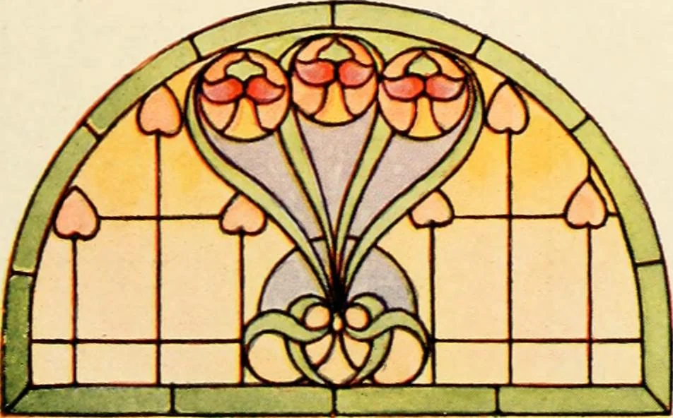 An illustration from International art glass catalogue : art and beveled glass in all its branches : church, memorial, society and domestic windows, Art Nouveau, prism, mitre beveled plate, leaded bevel, etc., 1914, leaf 46