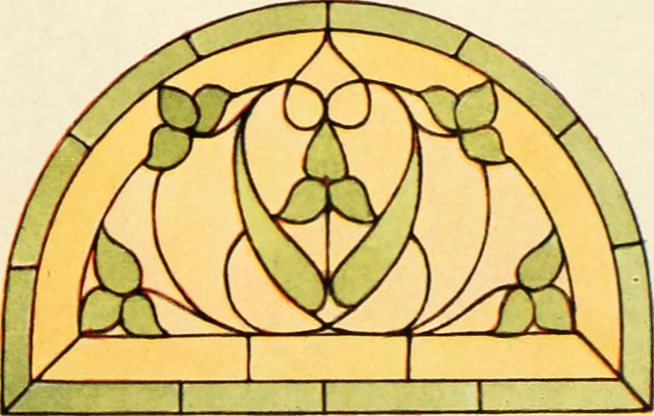 An illustration from International art glass catalogue : art and beveled glass in all its branches : church, memorial, society and domestic windows, Art Nouveau, prism, mitre beveled plate, leaded bevel, etc., 1914, leaf 46