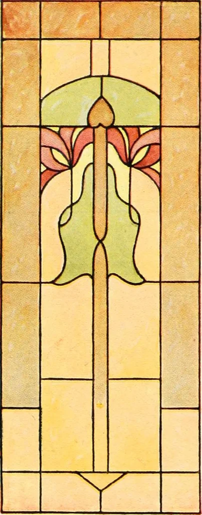 An illustration from International art glass catalogue : art and beveled glass in all its branches : church, memorial, society and domestic windows, Art Nouveau, prism, mitre beveled plate, leaded bevel, etc., 1914, leaf 47