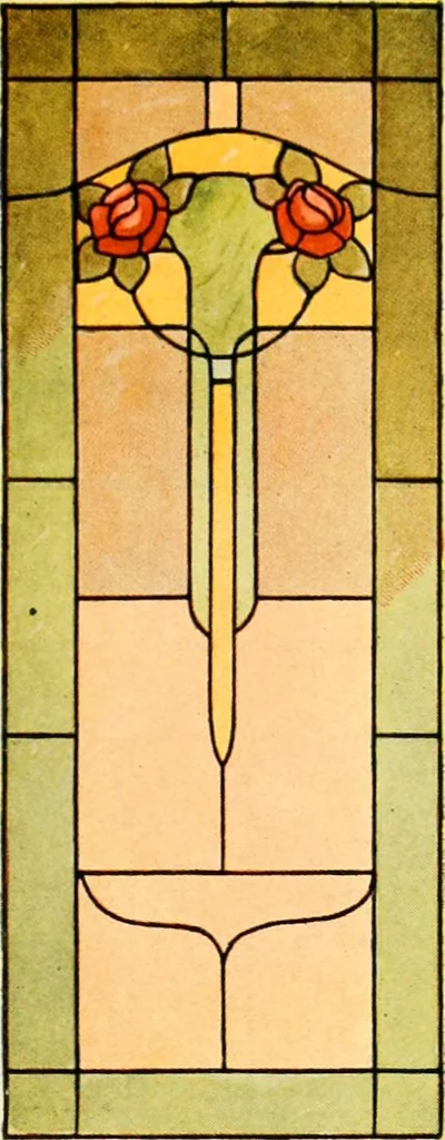 An illustration from International art glass catalogue : art and beveled glass in all its branches : church, memorial, society and domestic windows, Art Nouveau, prism, mitre beveled plate, leaded bevel, etc., 1914, leaf 48