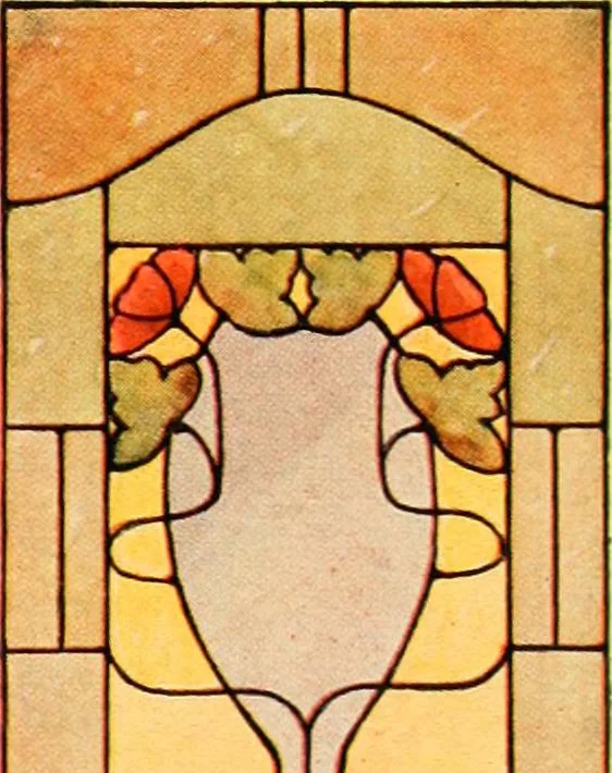 An illustration from International art glass catalogue : art and beveled glass in all its branches : church, memorial, society and domestic windows, Art Nouveau, prism, mitre beveled plate, leaded bevel, etc., 1914, leaf 48