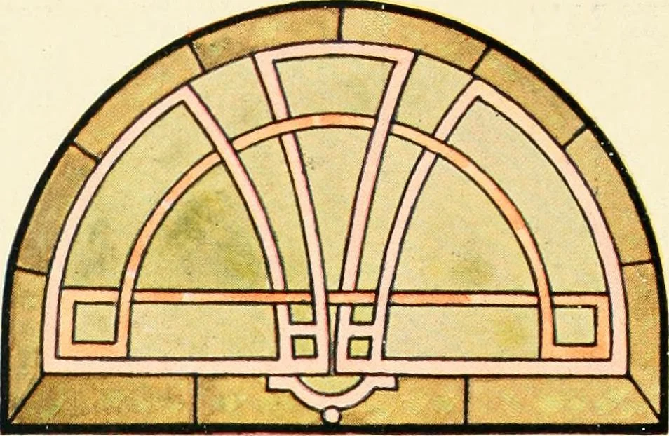 An illustration from International art glass catalogue : art and beveled glass in all its branches : church, memorial, society and domestic windows, Art Nouveau, prism, mitre beveled plate, leaded bevel, etc., 1914, leaf 49