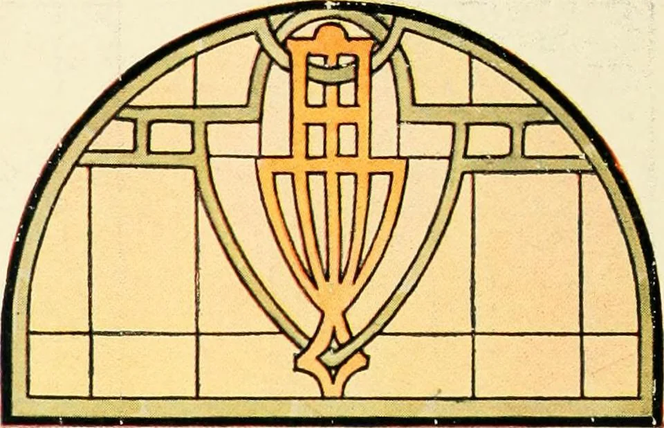 An illustration from International art glass catalogue : art and beveled glass in all its branches : church, memorial, society and domestic windows, Art Nouveau, prism, mitre beveled plate, leaded bevel, etc., 1914, leaf 49