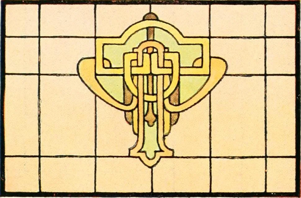 An illustration from International art glass catalogue : art and beveled glass in all its branches : church, memorial, society and domestic windows, Art Nouveau, prism, mitre beveled plate, leaded bevel, etc., 1914, leaf 49