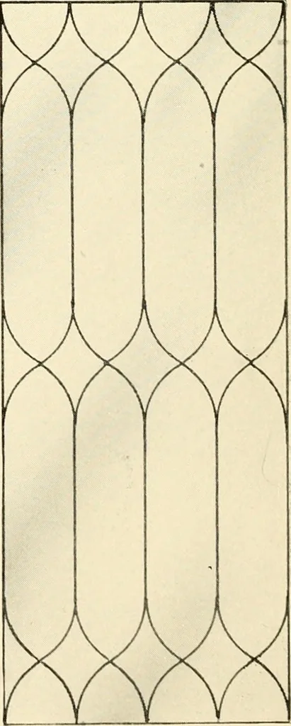 An illustration from International art glass catalogue : art and beveled glass in all its branches : church, memorial, society and domestic windows, Art Nouveau, prism, mitre beveled plate, leaded bevel, etc., 1914, leaf 5