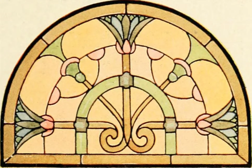 An illustration from International art glass catalogue : art and beveled glass in all its branches : church, memorial, society and domestic windows, Art Nouveau, prism, mitre beveled plate, leaded bevel, etc., 1914, leaf 50