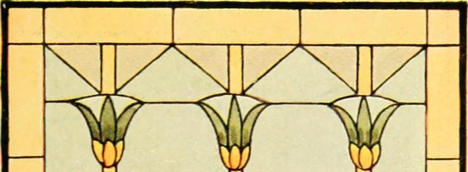 An illustration from International art glass catalogue : art and beveled glass in all its branches : church, memorial, society and domestic windows, Art Nouveau, prism, mitre beveled plate, leaded bevel, etc., 1914, leaf 50