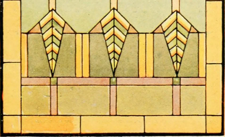 An illustration from International art glass catalogue : art and beveled glass in all its branches : church, memorial, society and domestic windows, Art Nouveau, prism, mitre beveled plate, leaded bevel, etc., 1914, leaf 50