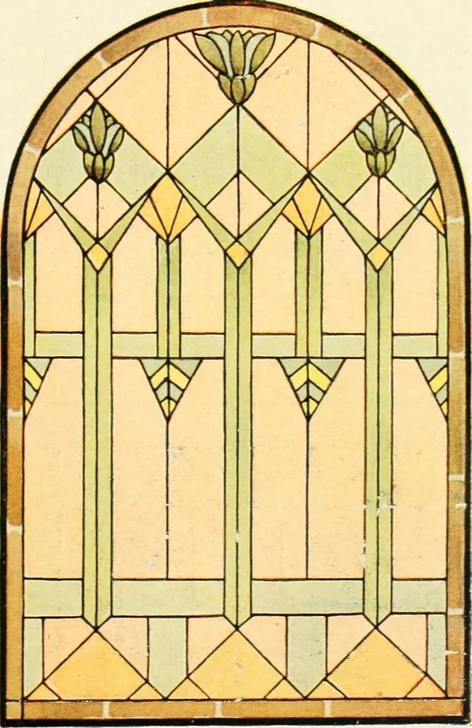 An illustration from International art glass catalogue : art and beveled glass in all its branches : church, memorial, society and domestic windows, Art Nouveau, prism, mitre beveled plate, leaded bevel, etc., 1914, leaf 50