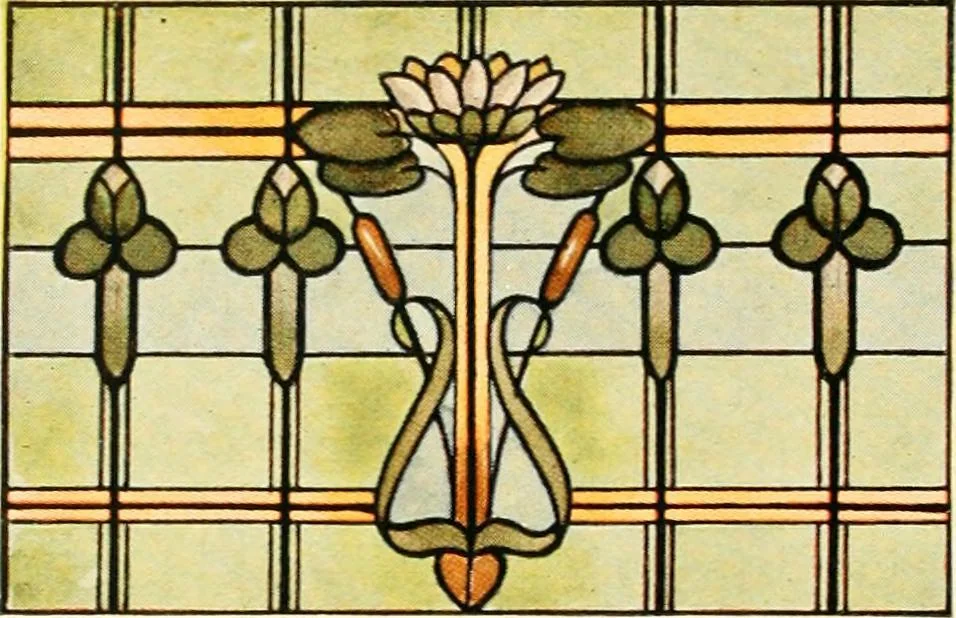 An illustration from International art glass catalogue : art and beveled glass in all its branches : church, memorial, society and domestic windows, Art Nouveau, prism, mitre beveled plate, leaded bevel, etc., 1914, leaf 51
