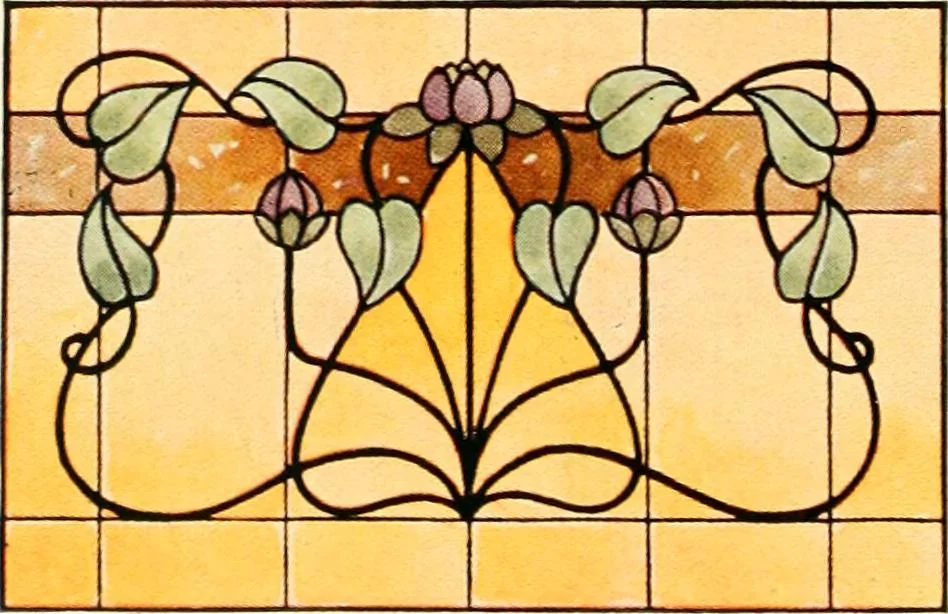 An illustration from International art glass catalogue : art and beveled glass in all its branches : church, memorial, society and domestic windows, Art Nouveau, prism, mitre beveled plate, leaded bevel, etc., 1914, leaf 51