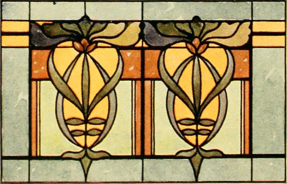 An illustration from International art glass catalogue : art and beveled glass in all its branches : church, memorial, society and domestic windows, Art Nouveau, prism, mitre beveled plate, leaded bevel, etc., 1914, leaf 51