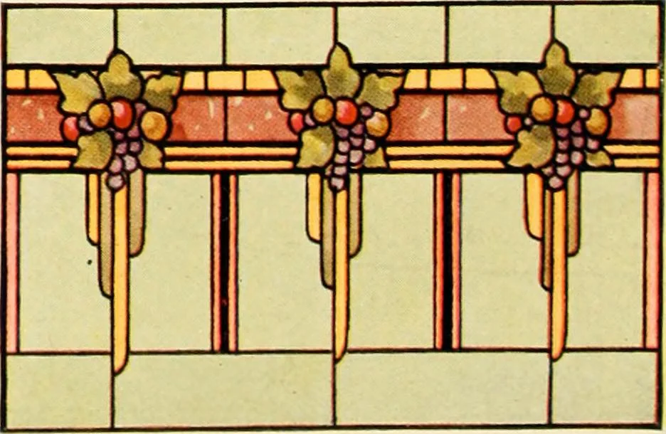 An illustration from International art glass catalogue : art and beveled glass in all its branches : church, memorial, society and domestic windows, Art Nouveau, prism, mitre beveled plate, leaded bevel, etc., 1914, leaf 51