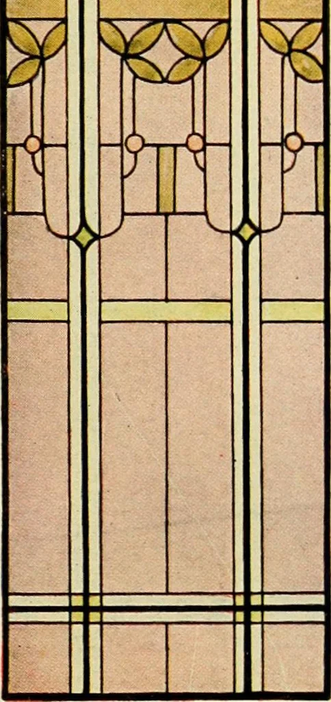 An illustration from International art glass catalogue : art and beveled glass in all its branches : church, memorial, society and domestic windows, Art Nouveau, prism, mitre beveled plate, leaded bevel, etc., 1914, leaf 52