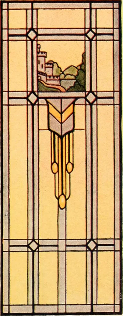 An illustration from International art glass catalogue : art and beveled glass in all its branches : church, memorial, society and domestic windows, Art Nouveau, prism, mitre beveled plate, leaded bevel, etc., 1914, leaf 52
