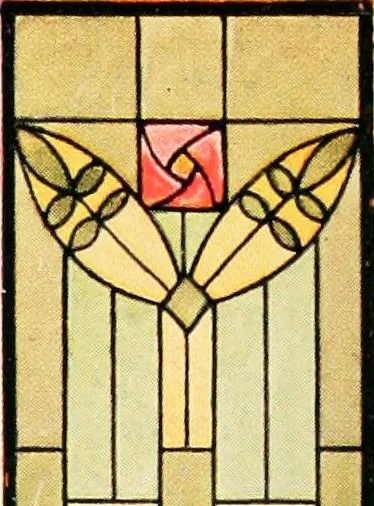 An illustration from International art glass catalogue : art and beveled glass in all its branches : church, memorial, society and domestic windows, Art Nouveau, prism, mitre beveled plate, leaded bevel, etc., 1914, leaf 53