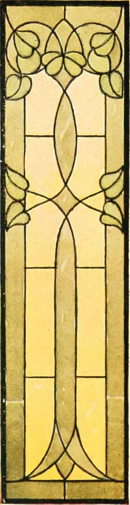 An illustration from International art glass catalogue : art and beveled glass in all its branches : church, memorial, society and domestic windows, Art Nouveau, prism, mitre beveled plate, leaded bevel, etc., 1914, leaf 53