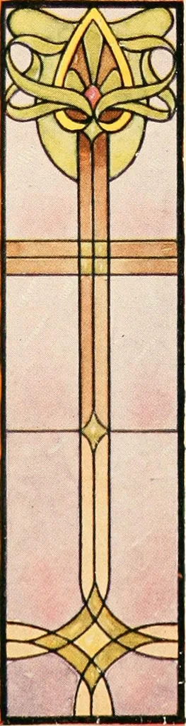 An illustration from International art glass catalogue : art and beveled glass in all its branches : church, memorial, society and domestic windows, Art Nouveau, prism, mitre beveled plate, leaded bevel, etc., 1914, leaf 53