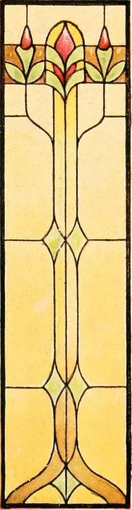 An illustration from International art glass catalogue : art and beveled glass in all its branches : church, memorial, society and domestic windows, Art Nouveau, prism, mitre beveled plate, leaded bevel, etc., 1914, leaf 53