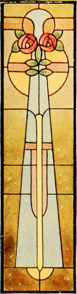 An illustration from International art glass catalogue : art and beveled glass in all its branches : church, memorial, society and domestic windows, Art Nouveau, prism, mitre beveled plate, leaded bevel, etc., 1914, leaf 54